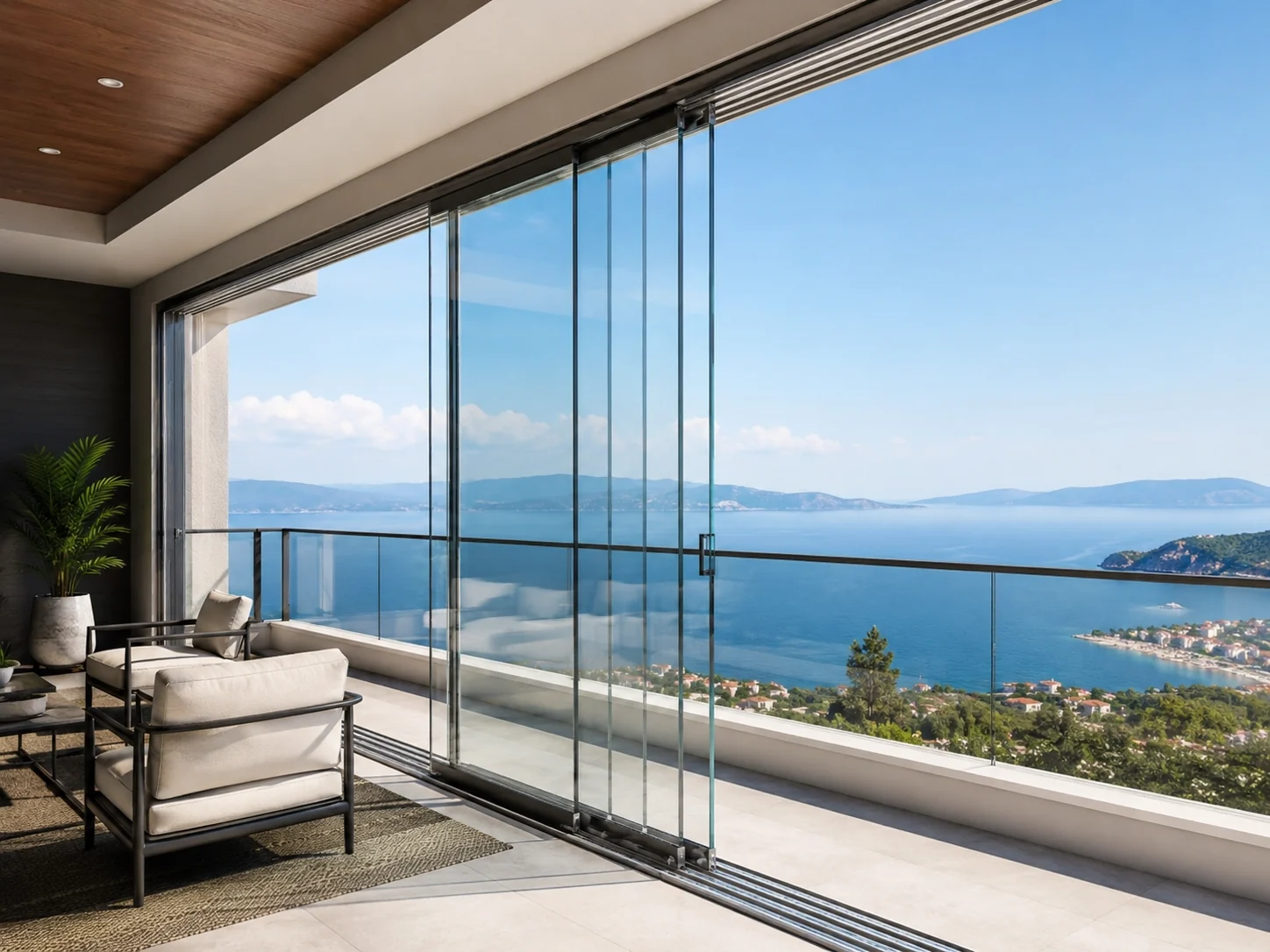 Deniz manzaralı modern cam balkon sistemi